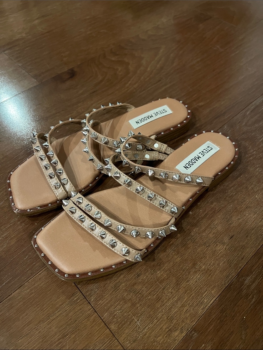 Steve Madden Nude/Tan Studded Triple-Strap Slide Sandals 6.5